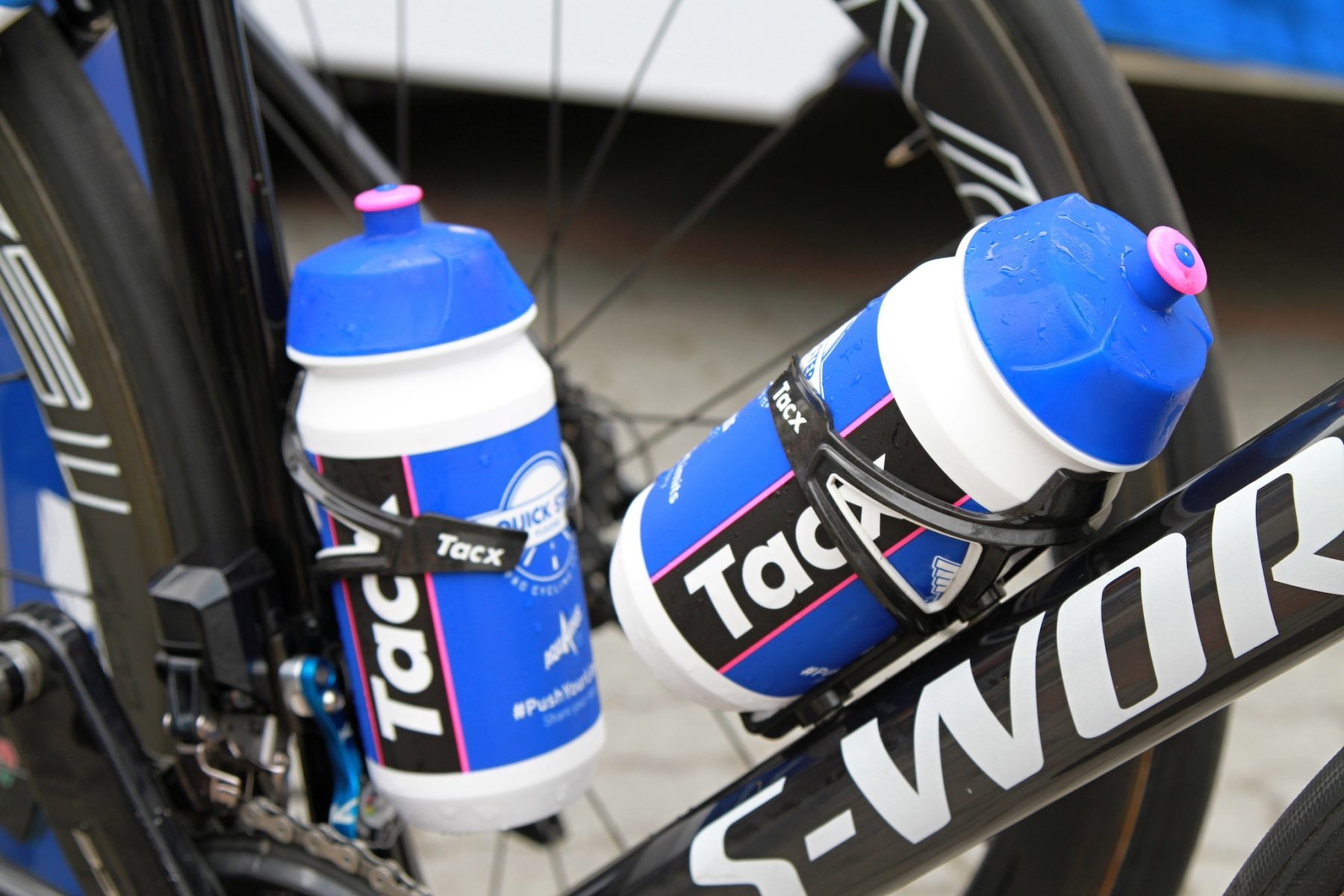 RUZOMBEROK, SLOVAKIA - SEPTEMBER 14, 2018: Julian Alaphilippe bicycle detail with bidons before second stage of road cycling championship - Tour of Slovakia.