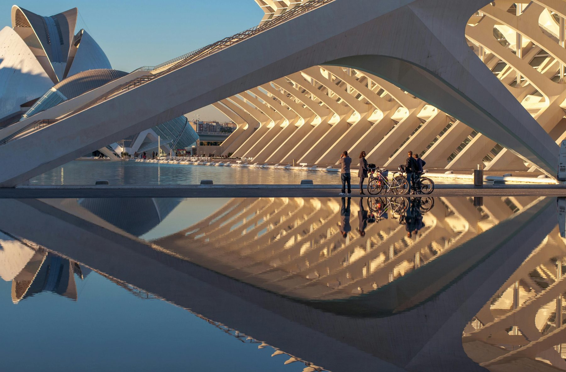 Een aantal mensen met fietsen staan bij Ciudad de las Artes y las Ciencias.